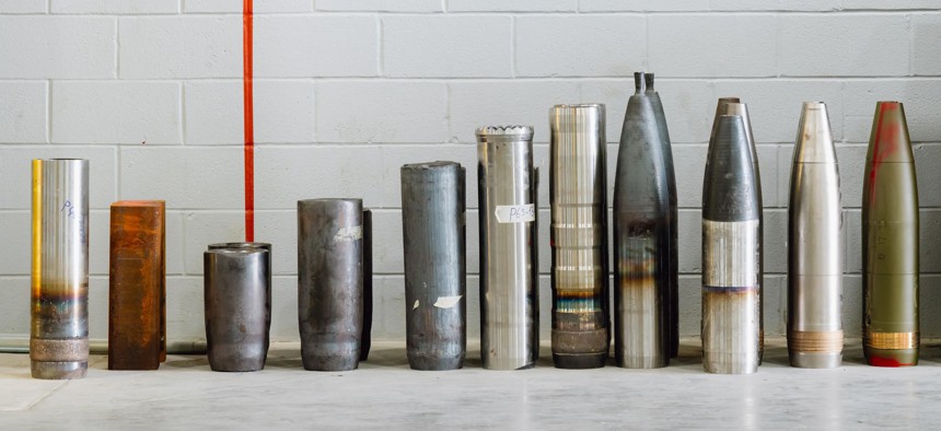 Artillery shells at various stages of production were displayed at General Dynamics' factory in Mesquite, Texas, when it opened.