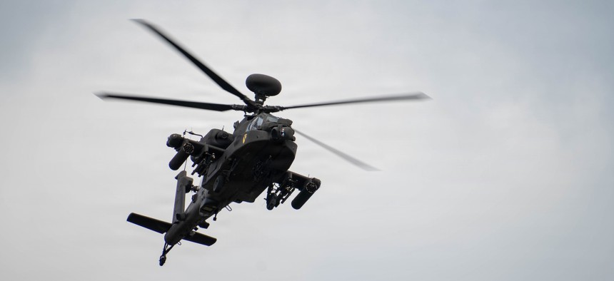 An AH-64 Apache Attack Helicopter in flight during an aviation gunnery exercise on Fort Hood, Texas, March 31, 2026.