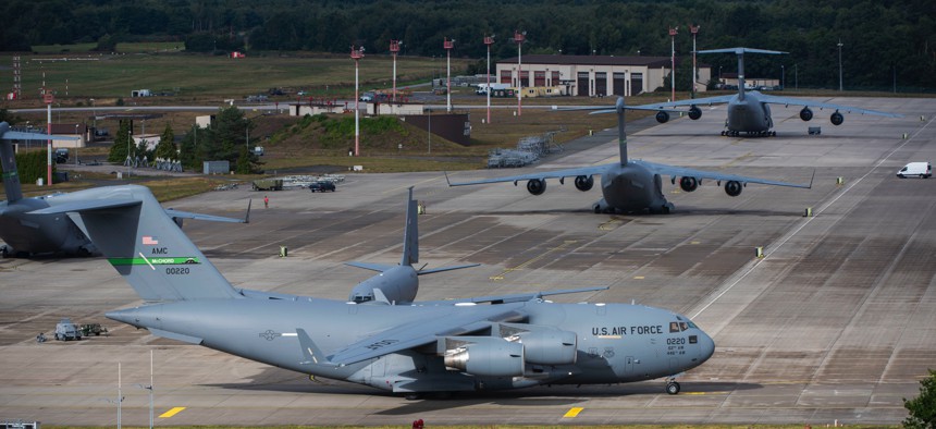 A C-17 Globemaster III aircraft taxis at Ramstein Air Base, Germany, on Sept. 3, 2025.