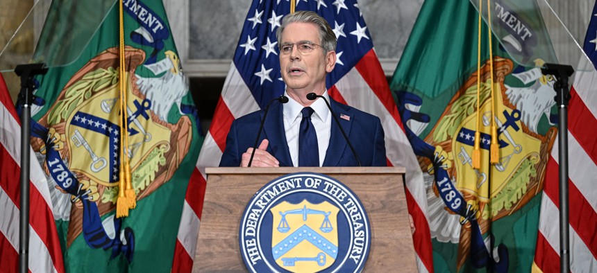 Treasury Secretary Scott Bessent speaks during a press conference at the Cash Room of the Treasury Department in Washington, D.C., on August 24, 2026, as he announces a new set of sanctions against Iran, describing the measures as âan economic D-Day.