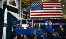 NASA astronaut and commander Reid Wiseman, NASA astronaut and pilot Victor Glover, NASA astronaut and mission specialist Christina Koch and CSA astronaut and mission specialist Jeremy Hansen stand by President Donald Trump during a Congressional Space Medal of Honor presentation at NASA Lyndon B. Johnson Space Center in Houston, Texas, on August 28, 2026.
