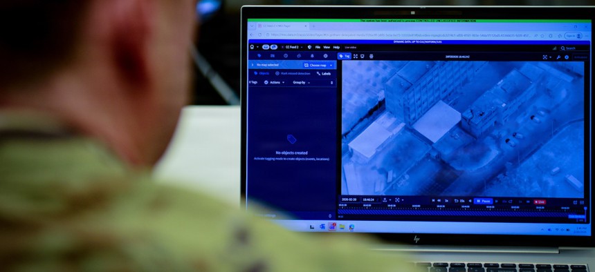 A National Guard soldier looks at the interface of the Maven Smart System in Arlington, Virginia, Feb. 20, 2026.
