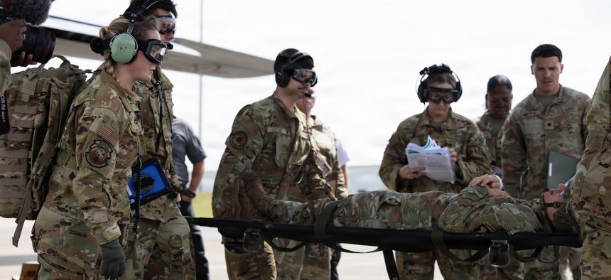 Soldiers conduct simulated casualty movement training during a joint medical exercise in Kentucky, Sept. 10, 2026.