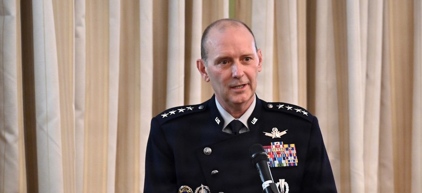 Gen. Douglas Schiess speaks during his promotion ceremony at Joint Base Andrews, Maryland, on Sept. 3, 2026.