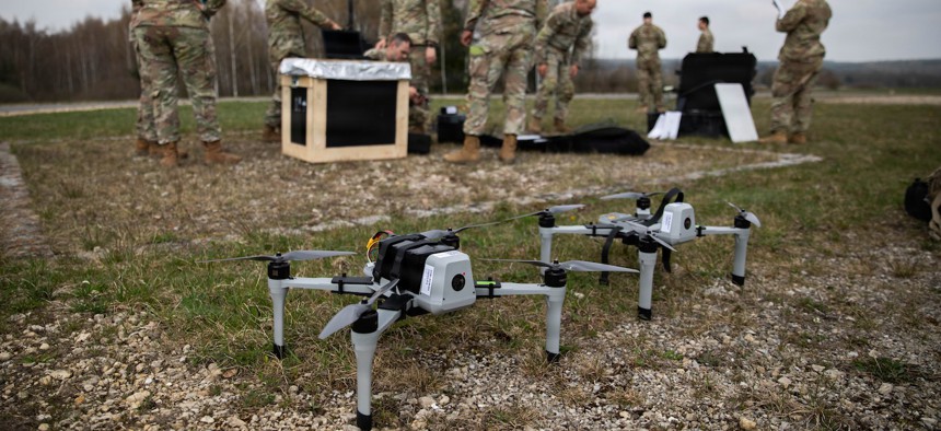 Soldiers with 2d Squadron, 2d Cavalry Regiment, build a ground control station for electronic warfare at Vilseck, Germany, April 15, 2026.