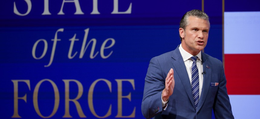 Defense Secretary Pete Hegseth gives a State of the Force address at Marine Corps Base Quantico on September 30, 2026 in Virginia. 