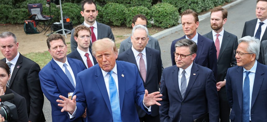 President Donald Trump holds a press briefing with AI executives following a meeting on artificial intelligence, outside the White House on September 29, 2026. 