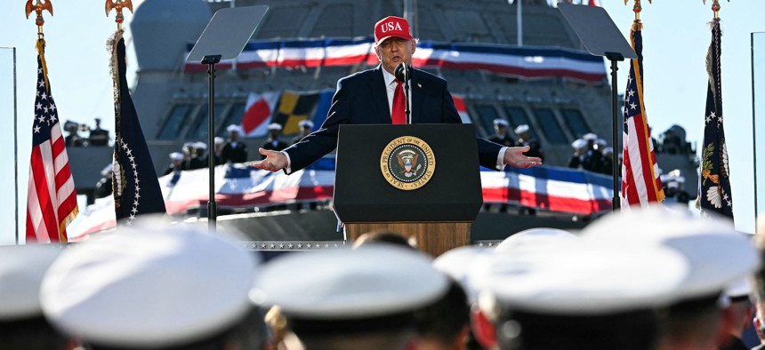 President Trump speaks in Sparrows Point, Maryland, standing in front of the USS Billings, a Freedom-variant littoral combat ship, on October 6, 2026.