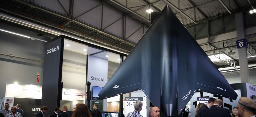 An X-BAT mock-up on display during the 34th International Defense Industry Exhibition at Targi Kielce in Kielce, Poland, on September 8, 2026.