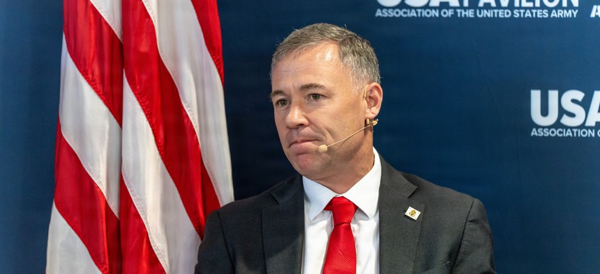 Brent Ingraham, assistant secretary of the Army for acquisition, logistics, and technology, speaks during Eurosatory 2026 in Villepinte, France, June 17, 2026. 