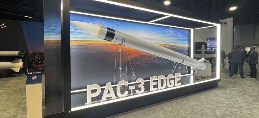 A mockup of a PAC-3 interceptor missile at Lockheed Martin's display at AUSA 2026.