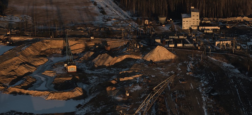 Drag-line excavator mines rare earth materials on Ukrainian soil on February 25, 2025, in the Zhytomyr region of Ukraine.