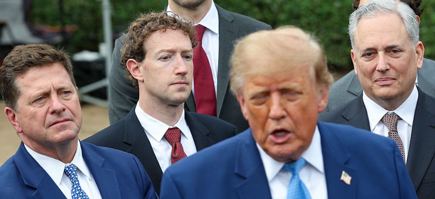 (L-R) U.S. Director of National Intelligence Jay Clayton, CEO of Meta Platforms Mark Zuckerberg, Co-Founder at Anthropic Tom Brown, U.S. President Donald Trump and David O. Sacks hold a press briefing with AI executives following a meeting on artificial intelligence, outside the West Wing of the White House on September 29, 2026 in Washington, DC. The meeting came as some have called for a slowdown in AI development amid rising safety concerns. 