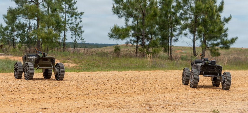 Swarmbotics AI FireAnt unmanned ground vehicles operate during a Joint Readiness Training Center rotation at Fort Polk, Louisiana, on April 20, 2026. 