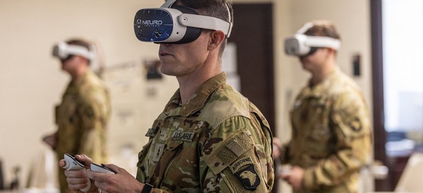 A U.S. soldier uses the NeuroTrainer virtual reality training system during the 101st Combat Aviation Brigade’s 32-week pilot test at Fort Campbell, Kentucky, on Oct. 20, 2026.