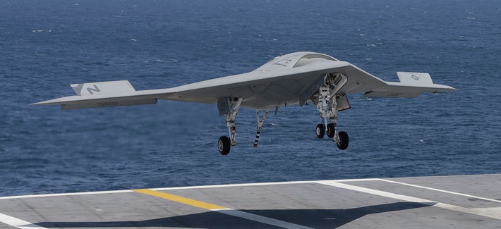 An X-47B landing on the deck of the USS George H.W. Bush