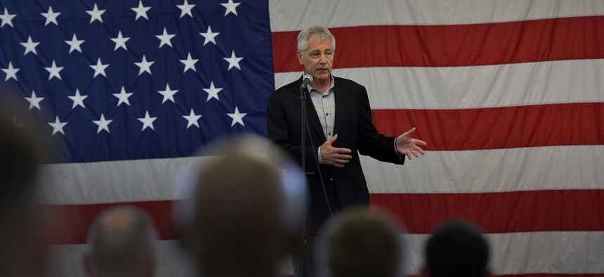 Defense Secretary Chuck Hagel addresses troops at Fort Bragg, N.C. on Monday.