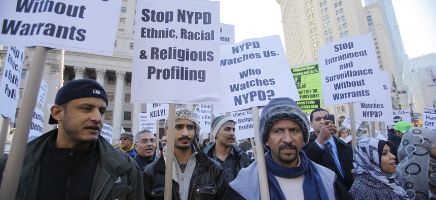 Protestors speak out against the NYPD's surveillance operations targeting Muslim communities