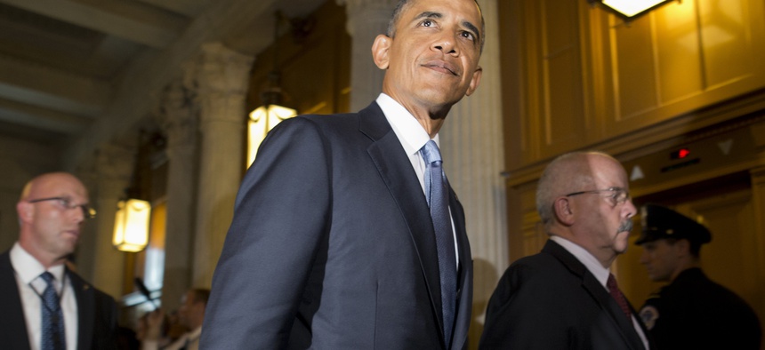 President Obama walking to a meeting with Democratic senators on Capitol Hill