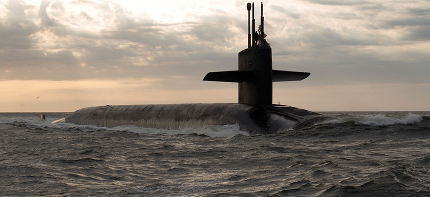 Ohio-class ballistic missile submarine USS Rhode Island (SSBN 740) returns to Naval Submarine Base Kings Bay, Georgia, Mar. 20, 2013.