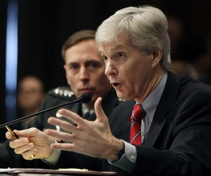 Amb. Ryan Crocker, right, accompanied by Gen. David Petraeus, testifies on Capitol Hill, Apr. 8, 2008. Amb. Ryan Crocker, right, accompanied by Gen. David Petraeus, testifies on Capitol Hill, Apr. 8, 2008.