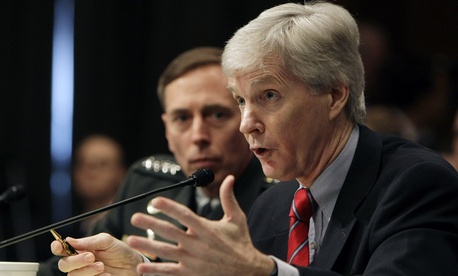 Amb. Ryan Crocker, right, accompanied by Gen. David Petraeus, testifies on Capitol Hill, Apr. 8, 2008. Amb. Ryan Crocker, right, accompanied by Gen. David Petraeus, testifies on Capitol Hill, Apr. 8, 2008.