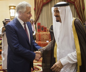 U.S. Secretary of Defense Chuck Hagel shakes hands with Saudi Crown Prince, Deputy Premier and Minister of Defense Salman bin Abdulaziz at his residence in Riyadh, on April 23, 2013. U.S. Secretary of Defense Chuck Hagel shakes hands with Saudi Crown Prince, Deputy Premier and Minister of Defense Salman bin Abdulaziz at his residence in Riyadh, on April 23, 2013.