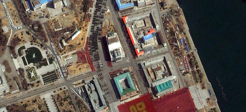 A parade marks the 100th anniversary of Kim Il Sung's birthday in Pyongyang, North Korea, April 15, 2012.