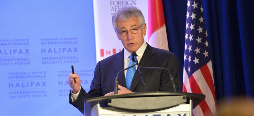 Defense Secretary Chuck Hagel speaking at the International Security Forum in Halifax, Nova Scotia, Canada.