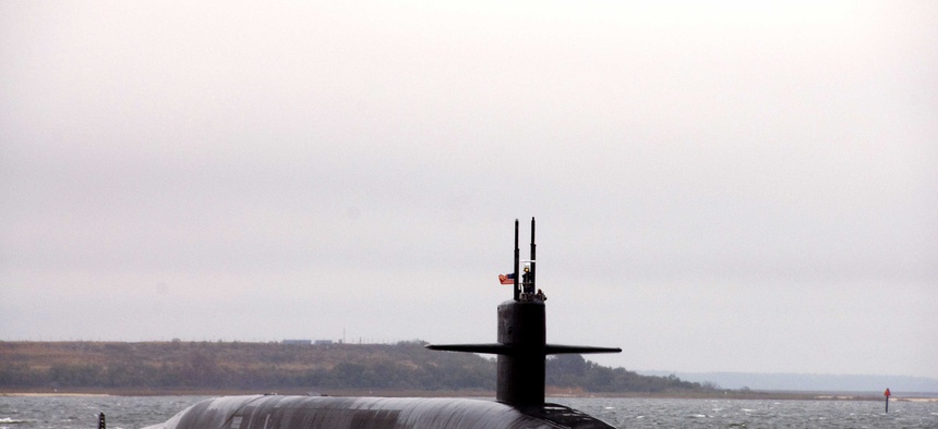 The USS Florida, an Ohio-class submarine, departing Naval Submarine Base Kings Bay