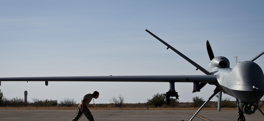 A MQ-9 Reaper taxis in at Holloman Air Force Base, N.M., April 24, 2013.