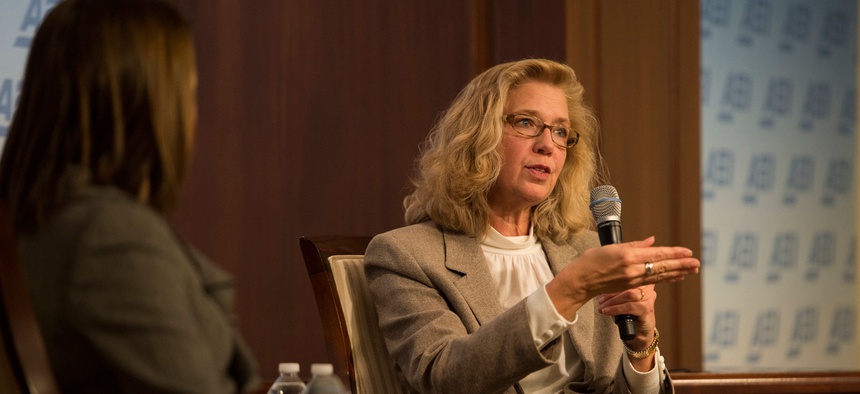 Acting deputy secretary of defense Christine Fox speaking at an event at the American Enterprise Institute
