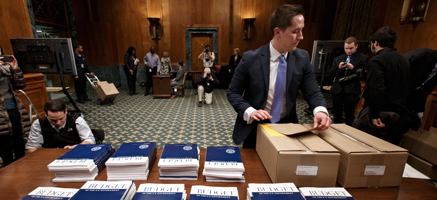 Copies of the President's fiscal year 2015 budget request in the Senate Budget Committee