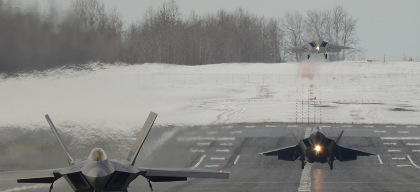 Three F-22s taking off from Elmendorf-Richardson in Alaska