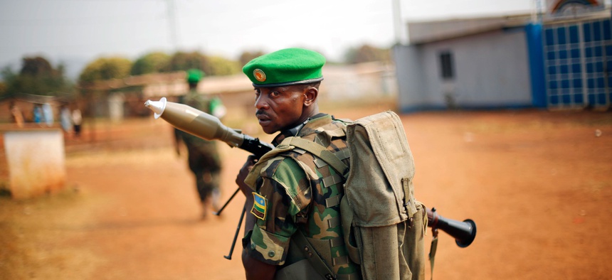 A Rwandan peacekeeper patrolling Bangui, Central African Republic