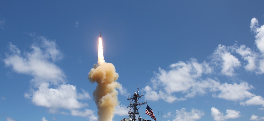 The guided-missile destroyer USS Fitzgerald launches a Standard Missile-3 during an exercise in the Pacific Ocean in October 2012. The Pentagon is slated to deploy Standard Missile 3 Block 1B interceptors in Romania by 2015.