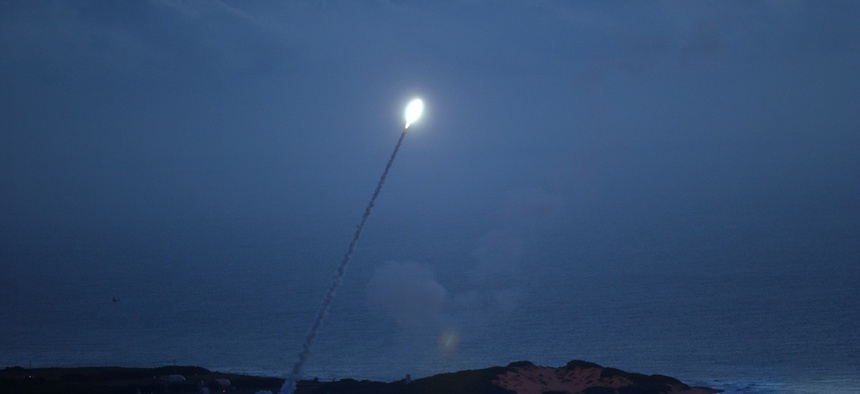 A Standard Missile-3 is shown moments before intercepting a ballistic missile as part of a Missile Defense Agency test at the Pacific Missile Range Test Facility in Kauai, Hawaii, in November 2007.
