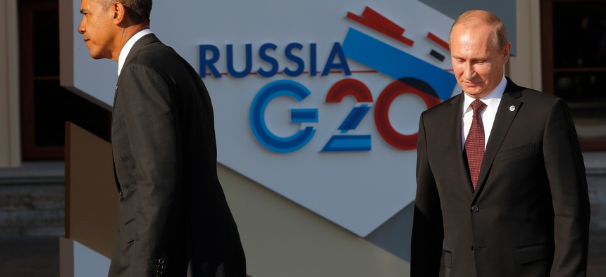 President Obama and Russian President Vladimir Putin after the 2013 G20 Summit in Russia