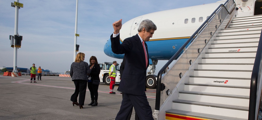 Secretary of State John Kerry leaving Brussels after a meeting, April 2, 2014.