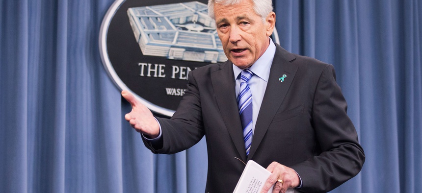 Defense Secretary Chuck Hagel at a press conference on the latest report from the DOD's Sexual Assault Prevention and Response Office on May 1, 2014.