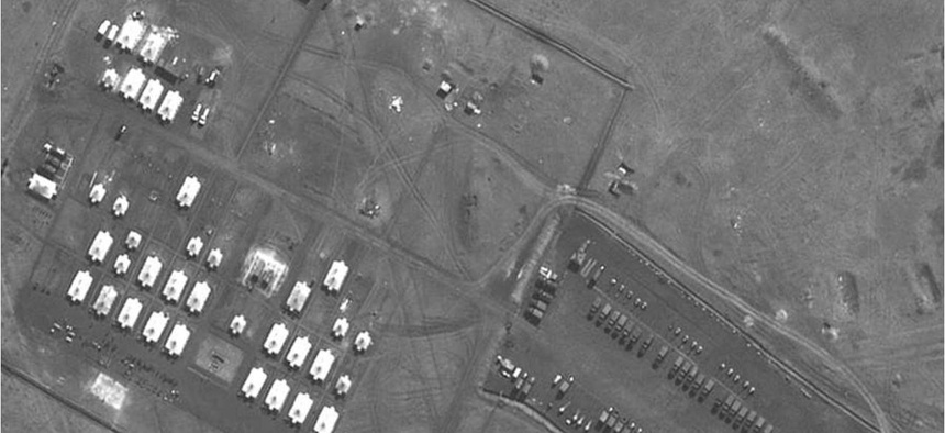 This satellite image, released by NATO, shows Russian artillery battalions at a camp near Ukraine's border on March 27th, 2014.