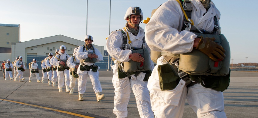Paratroopers with the 6th Engineer Battalion board a C-17 Globemaster at Joint Base Elmendorf-Richardson before exercise Arctic Pegasus on May 1, 2014