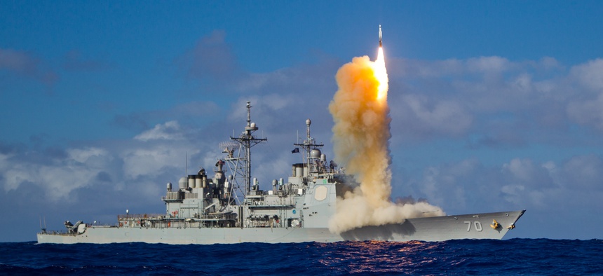 A Standard Missile-3 Block 1B interceptor missile is launched from the USS Lake Erie during a test in the Pacific Ocean