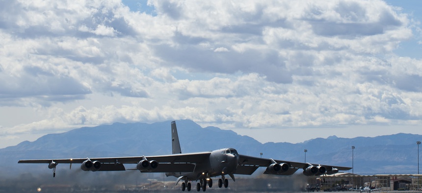 A B-52H assigned to the 96th Bomb Squadron takes off from Nellis AFB, Nev. during Exercise Red Flag.