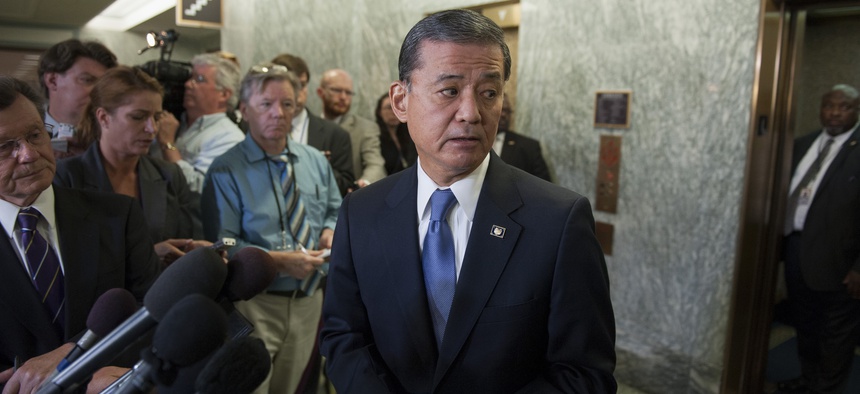 Veterans Affairs Secretary Eric Shinseki speaks at a press conference following a congressional hearing on widespread treatment delays at VA facilities across the country.