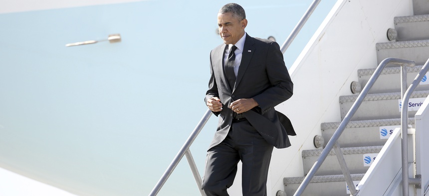 President Obama steps off of Air Force One before a series of fundraisers in Los Angeles, Calif. on May 7, 2014.