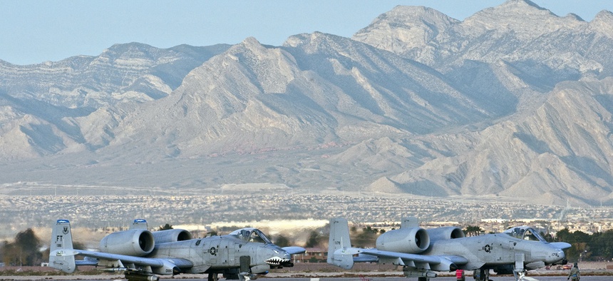 Two Air Force A-10s are parked at Nellis Air Force Base, Nev on December 10, 2010.