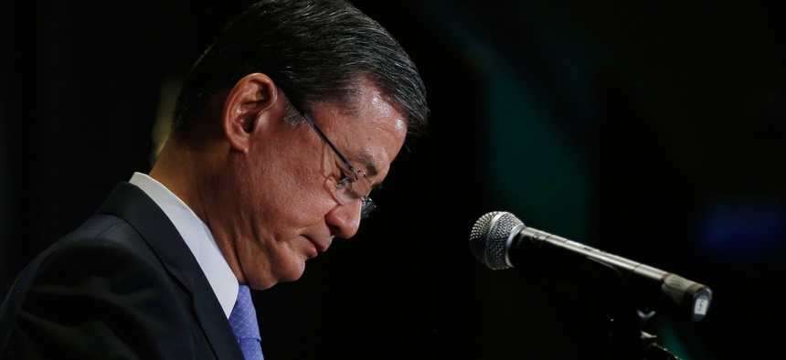 Secretary of Veterans Affairs Eric Shinseki speaks at a meeting of the National Coalition for Homeless Veterans in Washington, May 30, 2014.