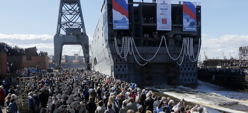 The stern of the Sevastopol, a Mistral class amphibious assault ship, is launched at a shipyard in St. Petersburg, Russia, on April 30, 2014.