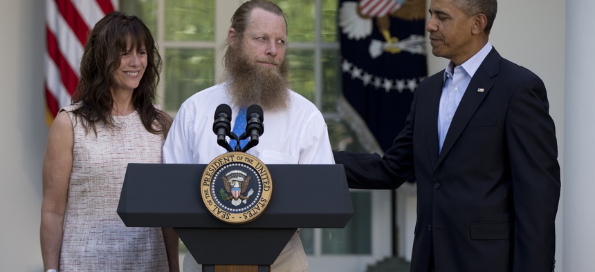 President Obama meets with the parents of Bowe Bergdahl for a press conference in the Rose Garden on May 31, 2014.
